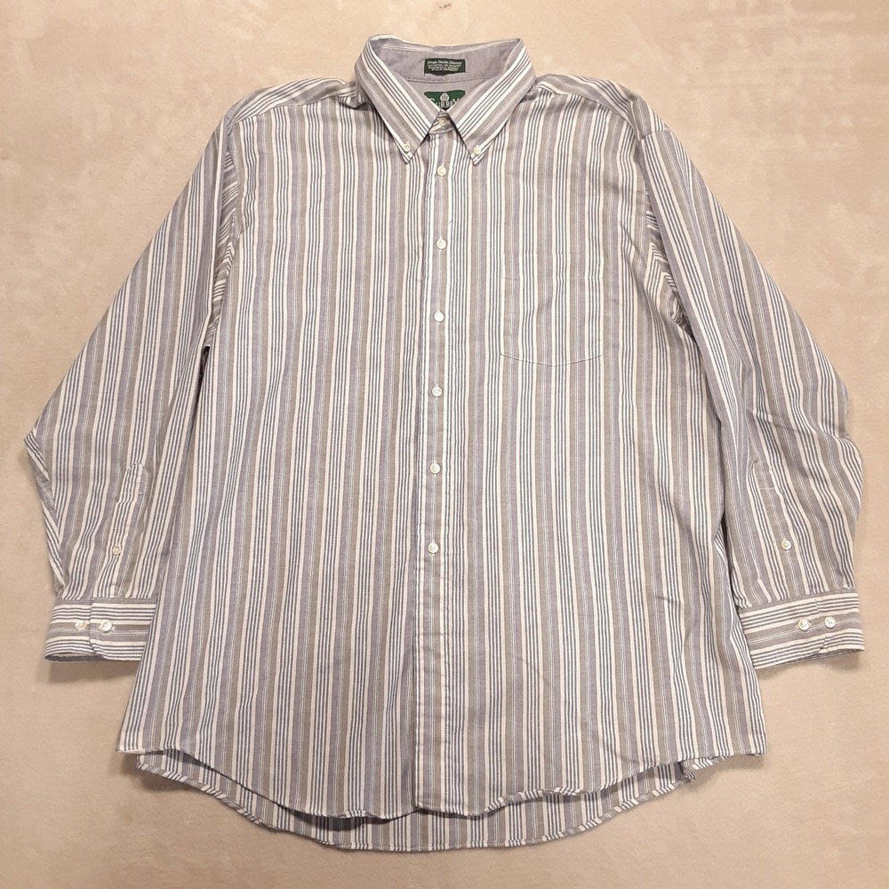 Surrey Mens LS Button Shirt 18.5 34-35 Blue Striped/Single Needle Tailoring